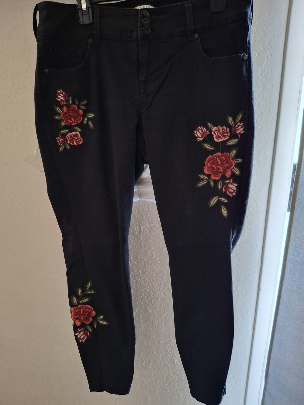 Black Jeans with Red Rose Embroidery